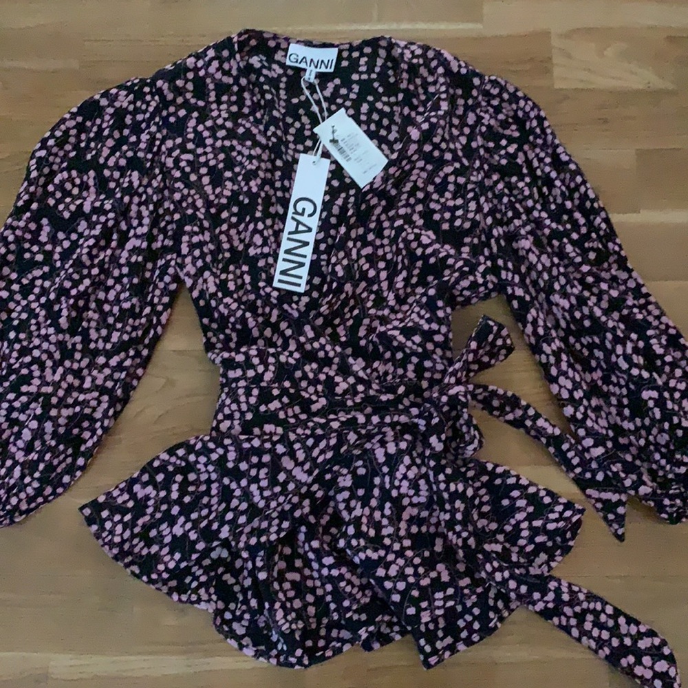 GANNI floral puff sleeve wrap blouse